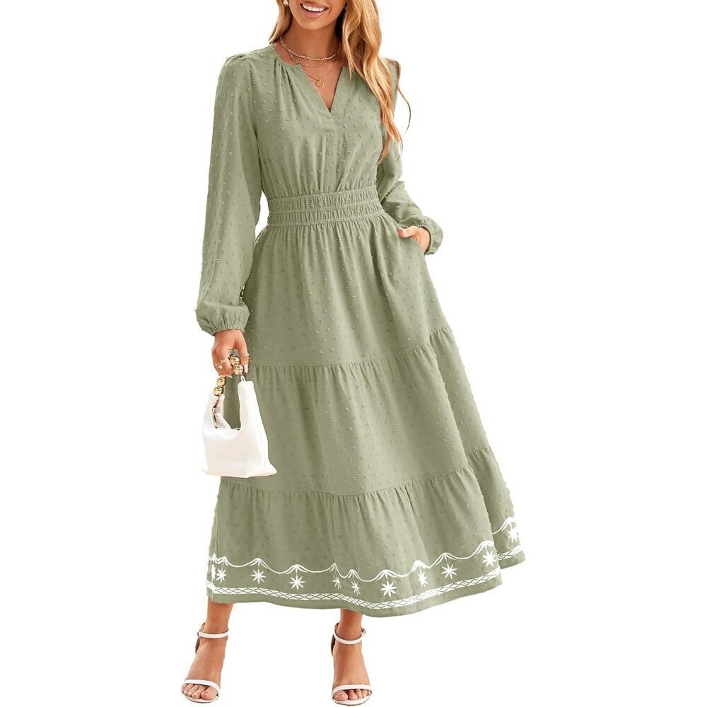 Womens Long Sleeve Maxi Dress Swiss Dot Boho V Neck Pockets Casual